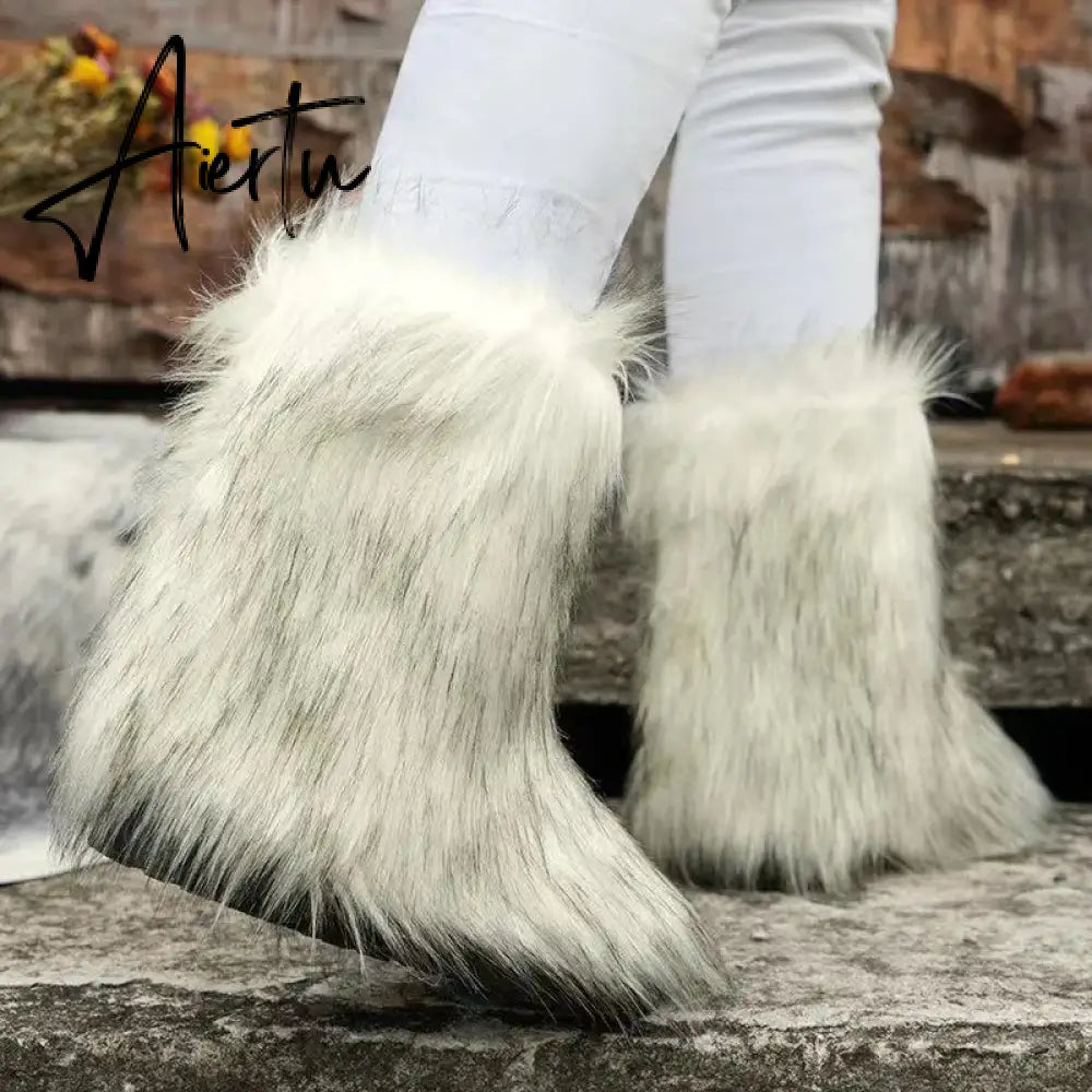 Winter Shoe Women's Winter Fluffy Faux Fox Fur Boots Woman Plush Warm Snow Boots Luxury Footwear Girls' Furry Fur Bottes Fashion Aiertu