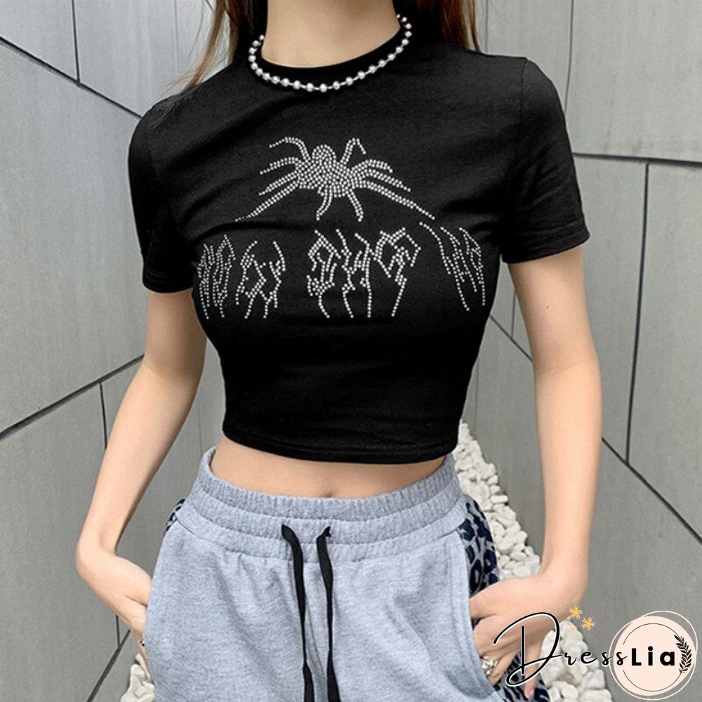 New Summer Embroidered Bead Pattern Tops Women's T Shirt Navel Dress With Women's Y2k Tops