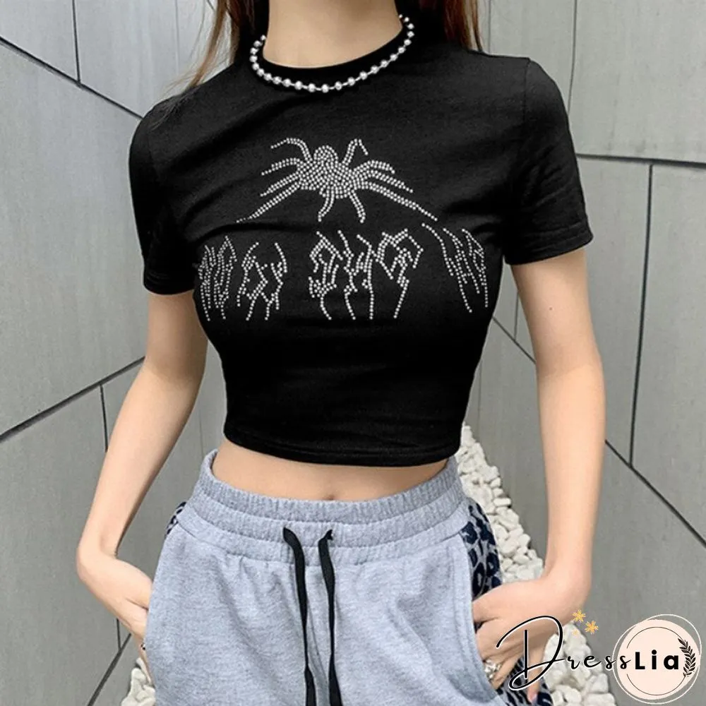 New Summer Embroidered Bead Pattern Tops Women's T Shirt Navel Dress With Women's Y2k Tops