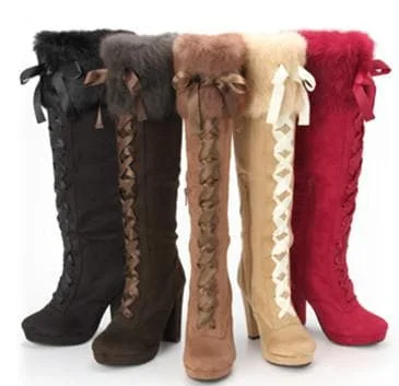 Black/Wine Winter Fluffy Over Knees Long Boots SP154535