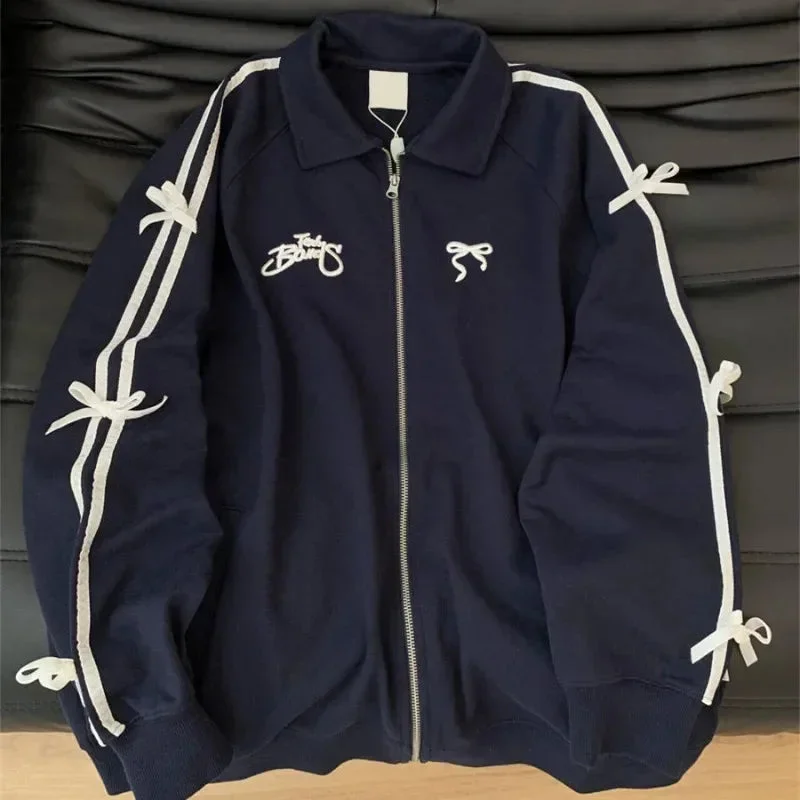 Toloer Blue Bow Stripe Zipper TrackJackets-Outfit Ideas