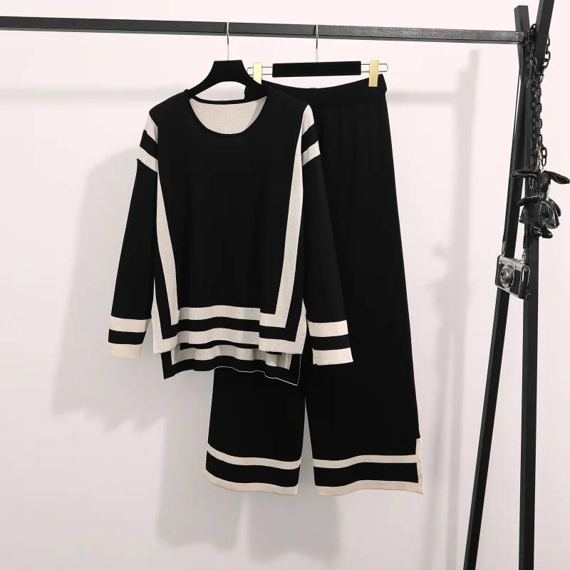 Uveng Uveng Fashion Simple Splicing Loose Long-Sleeved Top High Waist Thin Leg Pants Knitted Two-Set