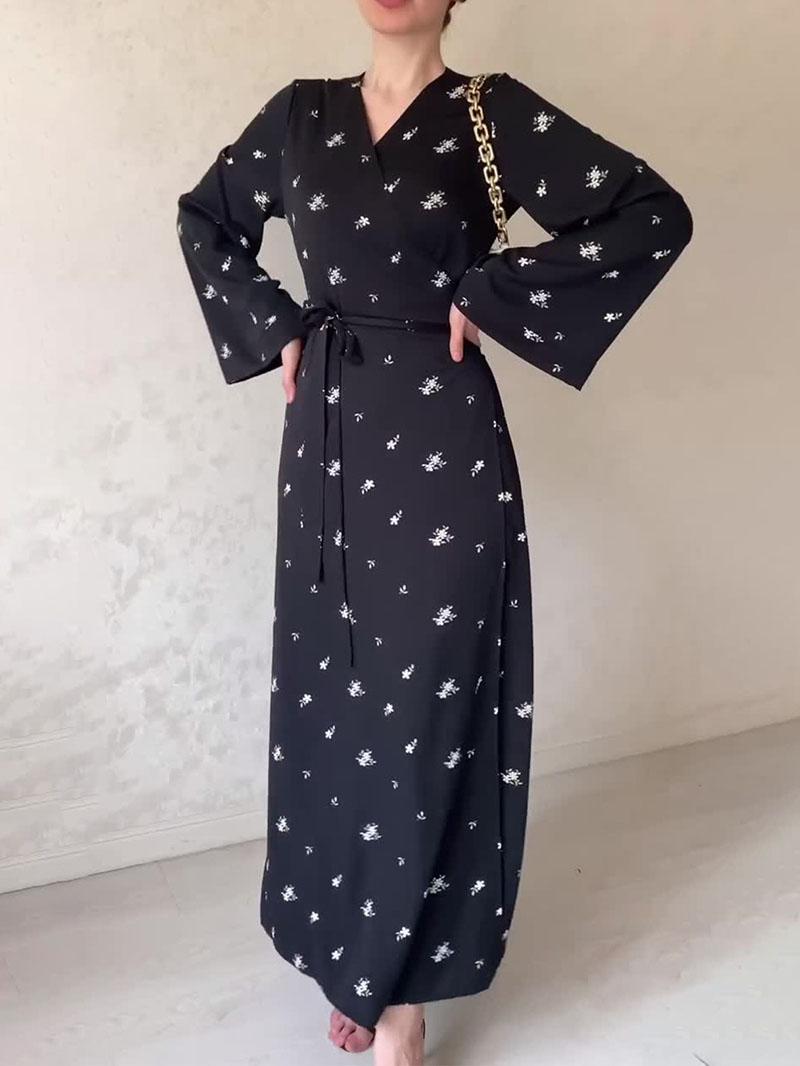 Elegant V-neck Puff Sleeve Waisted Floral Dress | Oxredo Shop Ramadan Sale