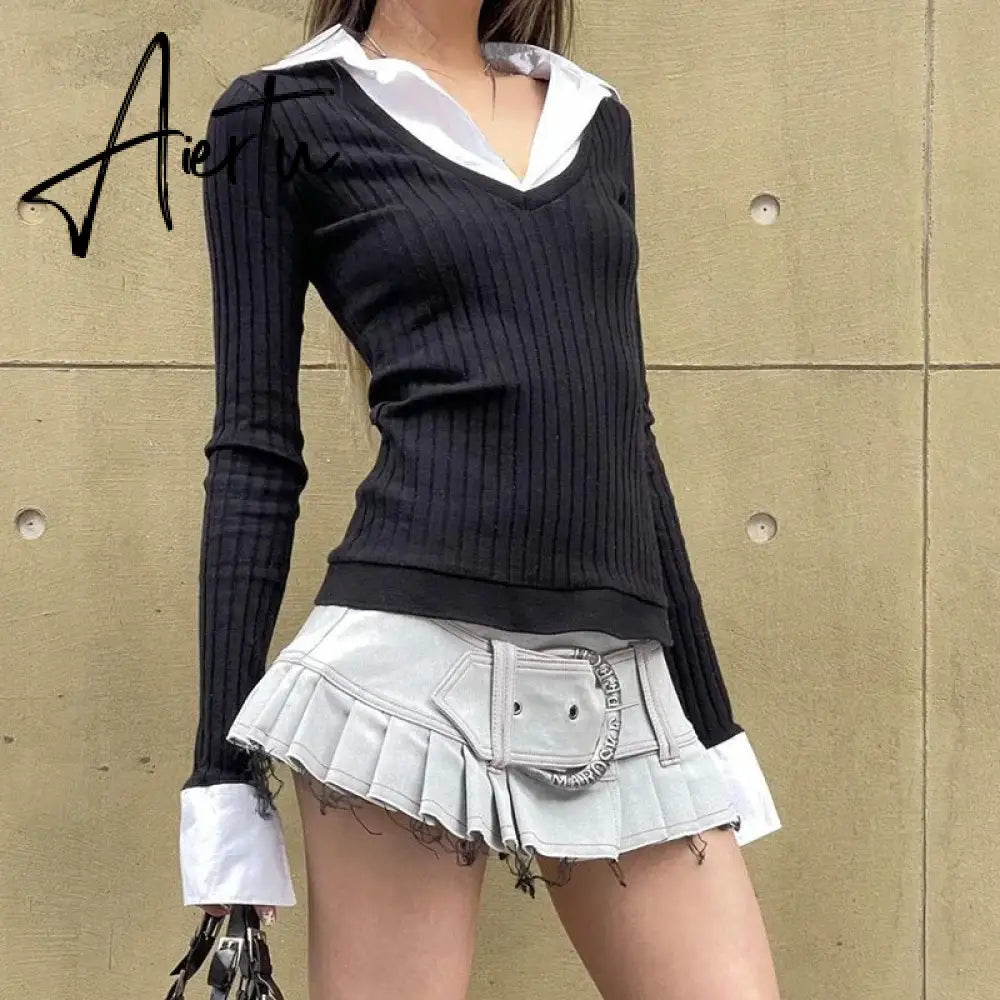 Aiertu Autumn Fake Two Pieces Slim Fit Streetwear Tops Grunge Patchwork Contrast Color Tshirts All Match Y2k Aesthetic Women T-shirt Aiertu