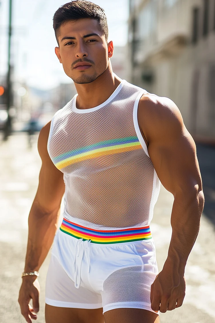 Ciciful Men's Rainbow Print Mesh See Through Tank Top Shorts Pride Two Piece Set