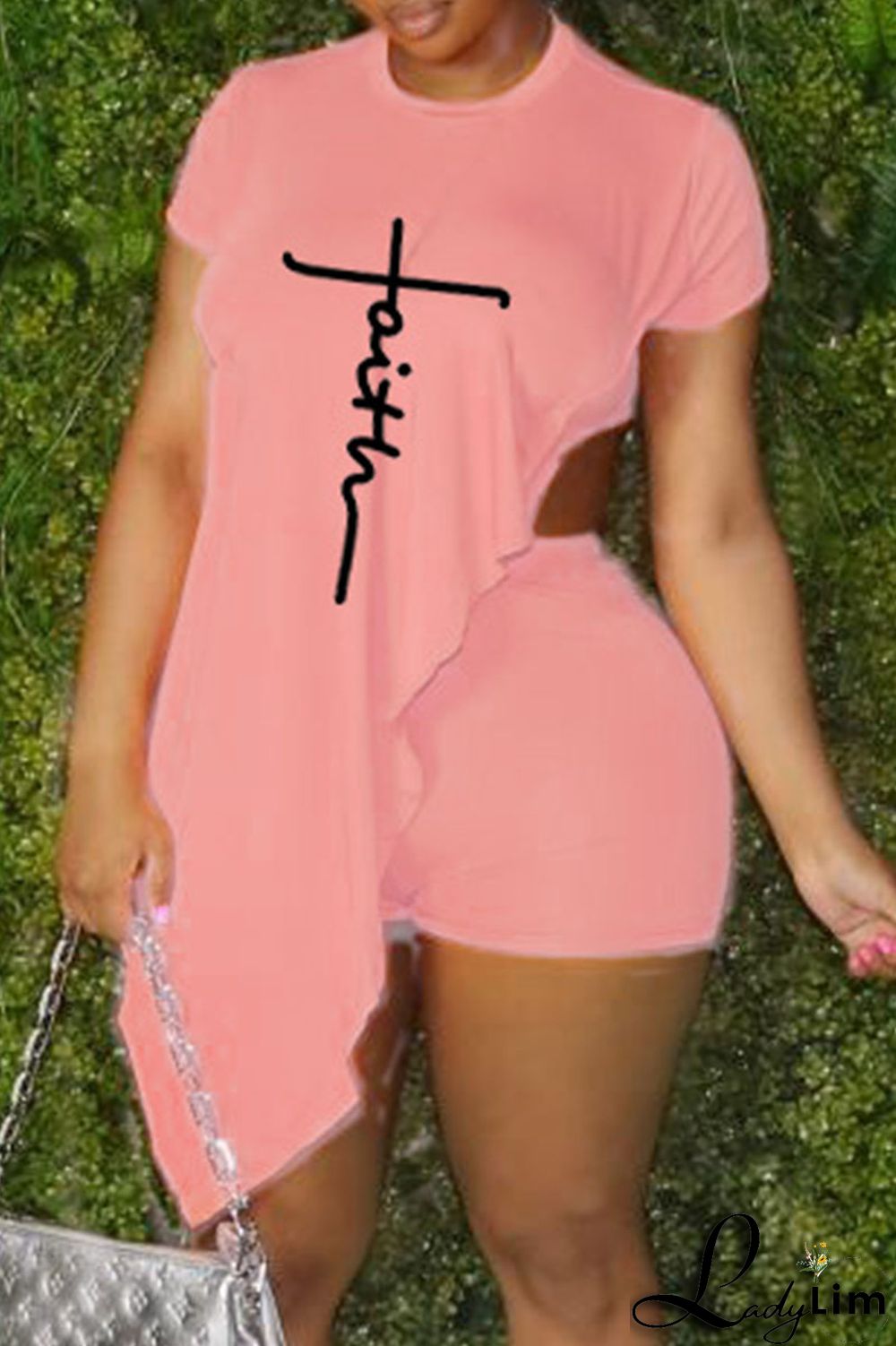 Blue White Fashion Casual Print Asymmetrical O Neck Short Sleeve Two Pieces