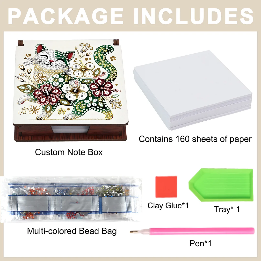 Wooden DIY Flower Cat Diamond Painting Kit Note Box with 160 Papers for Office