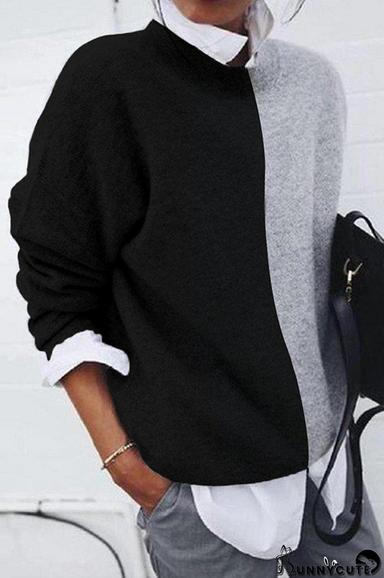 Color Block Casual Round Neck Sweater