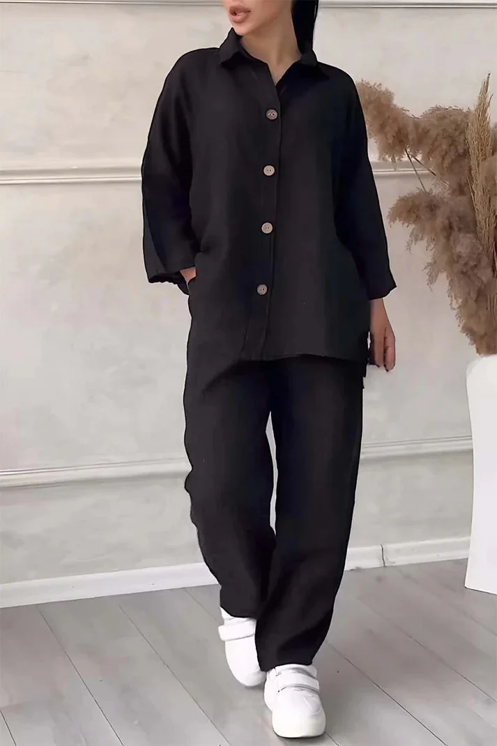Women's 2024 Casual 2Piece Set Lapel Long Sleeve Casual Top and Wide Leg Pant Cotton Linen