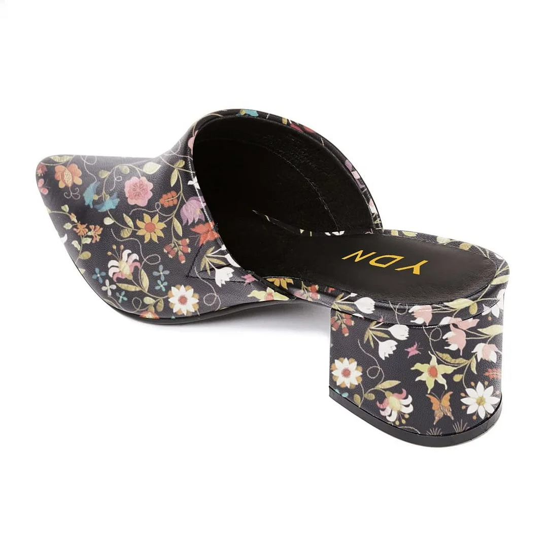 Black Vegan Leather Floral Print Pointed Toe Slip On Mule Heels