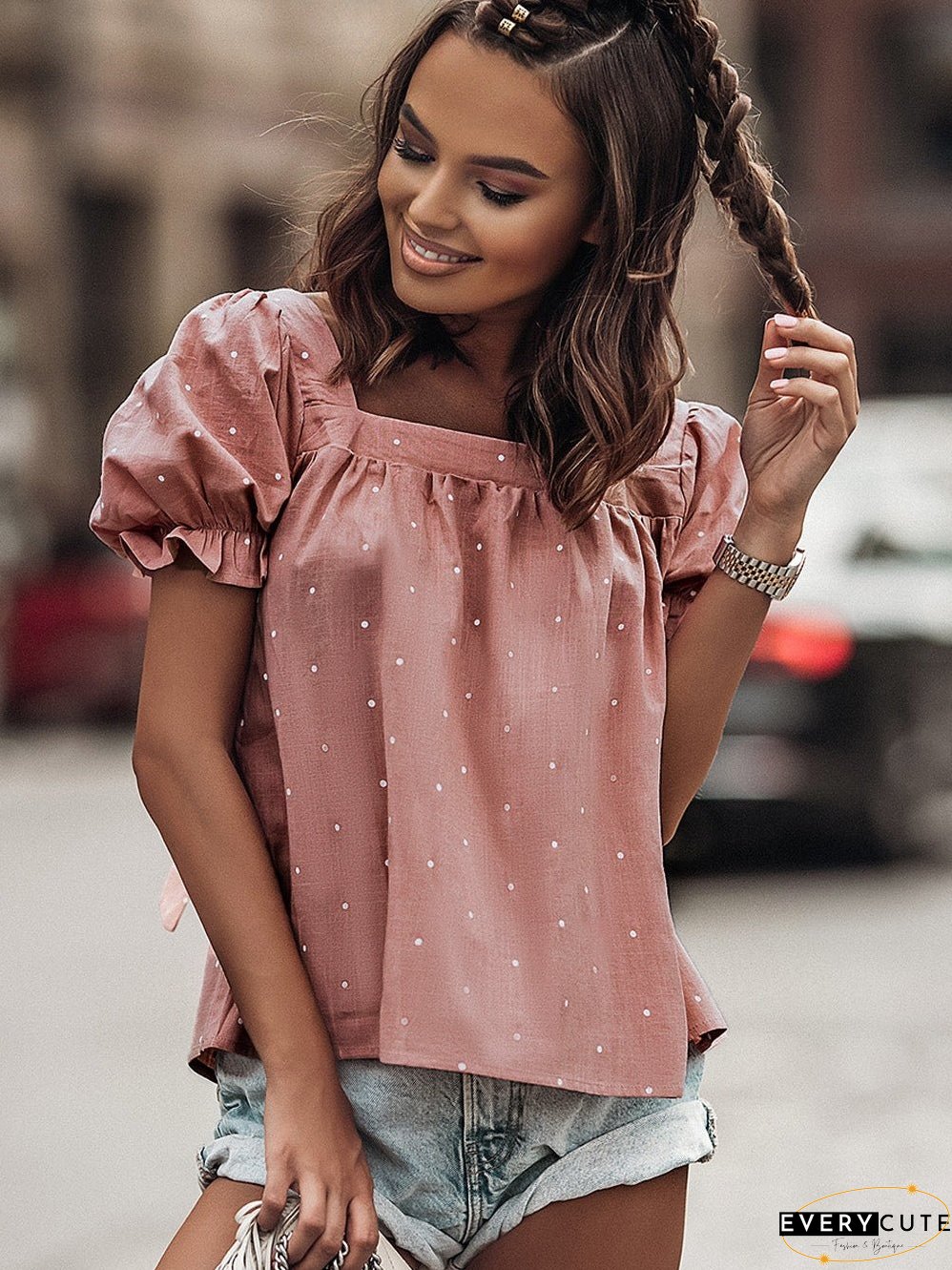 Pink Polka Dot Square Neck Puff Sleeve Blouse with Tie Back
