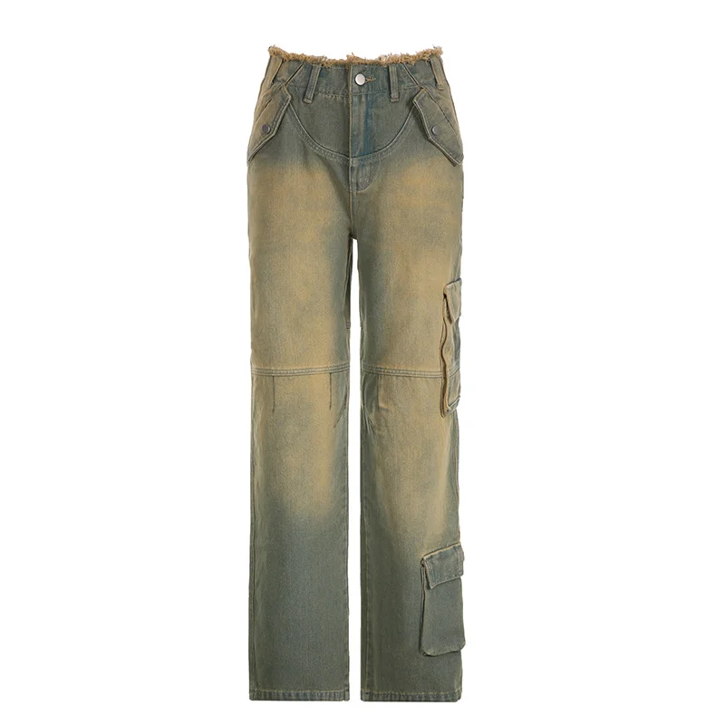 Ueong Make Vintage Rough-Edged Jeans 2024 Street Spicy Girls Loose Leisure Line Tooling Straight Trousers