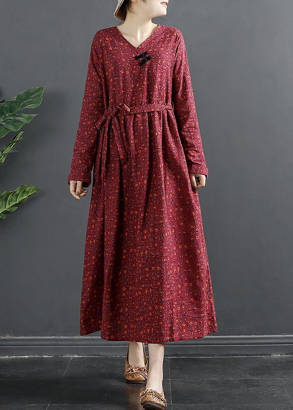 VCSHOES V Neck Quilting Dresses Shape Red Print Long Dress