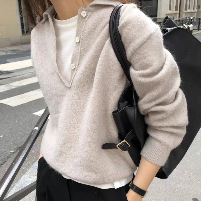 Autumn Winter New Women's Sweater 100% Merino Wool Knitted POLO Collar Pullover Casual Long Sleeve Shirt Women's Clothing Tops