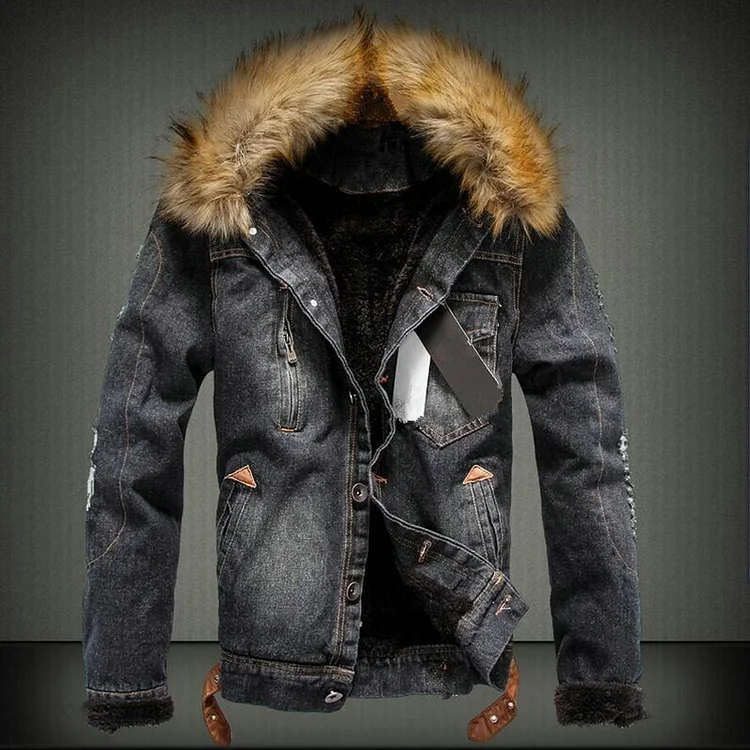 Men's Winter Coat Casual Washed Denim Button Ripped Sleeve Plush Lined Daily Wear Warm Jacket