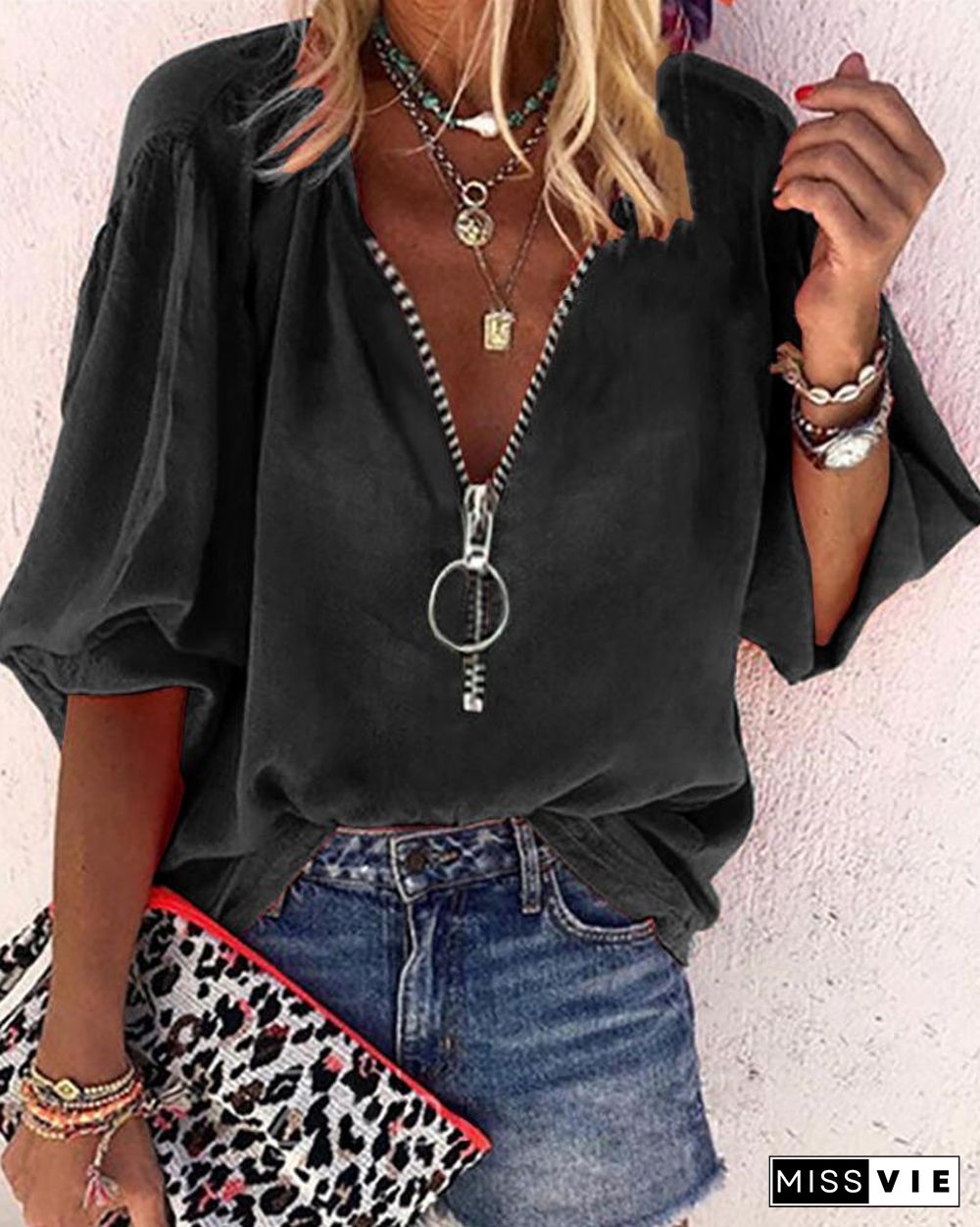 Lantern Sleeve Zipper Design Casual Top P13062