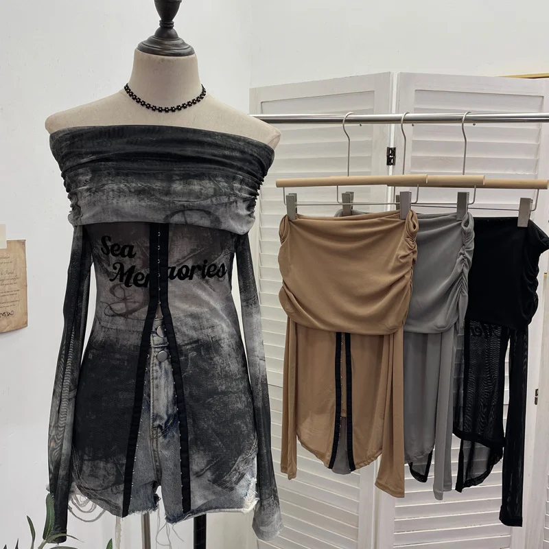 Nigikala Nigikala Picts Single-Layer Mesh Yarn Micro-Sleeved T-Shirt Word Shoulder-Pollid Letter Open Fork Top 1180