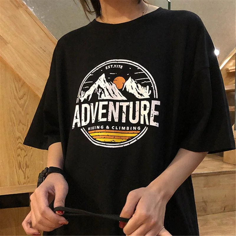 Vintage Crew Neck Cotton Print Women Tee Shirt Half Sleeve T-shirt Oversized Summer 2021 Loose Streetwear Clothing Aesthetic Top