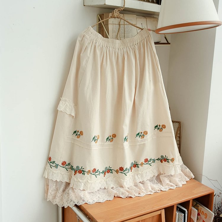 Queenfunky cottagecore style Embroidered Floral Skirt With Lace Hem QueenFunky