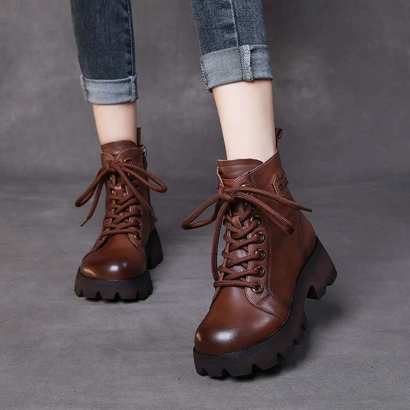 Yyvonne Handmade Martin Boots Women Winter New Tape Heightening Single Boots Coarse And Stylish Handsome Leather Boots