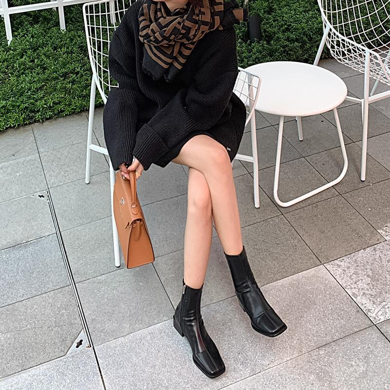 Fashionable Brown Women Shoes Mid-high Short Boots Trendy Slim Fit Elastic Shoes Pure Leather Head Heel  Boots