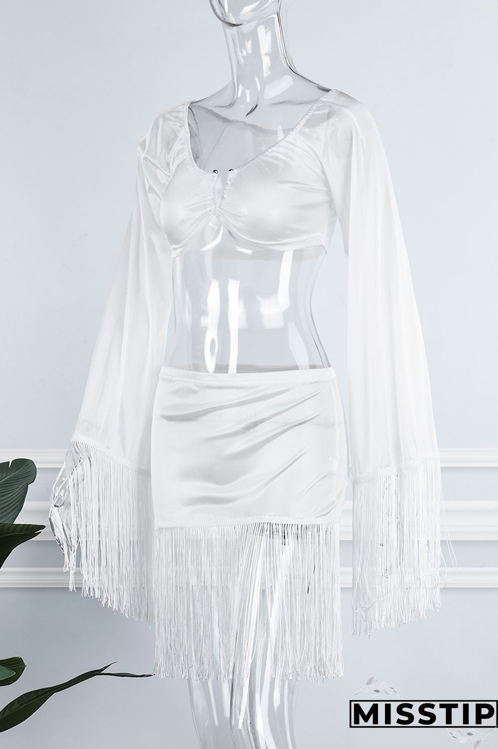 Black Sexy Solid Tassel Patchwork V Neck Long Sleeve Two Pieces