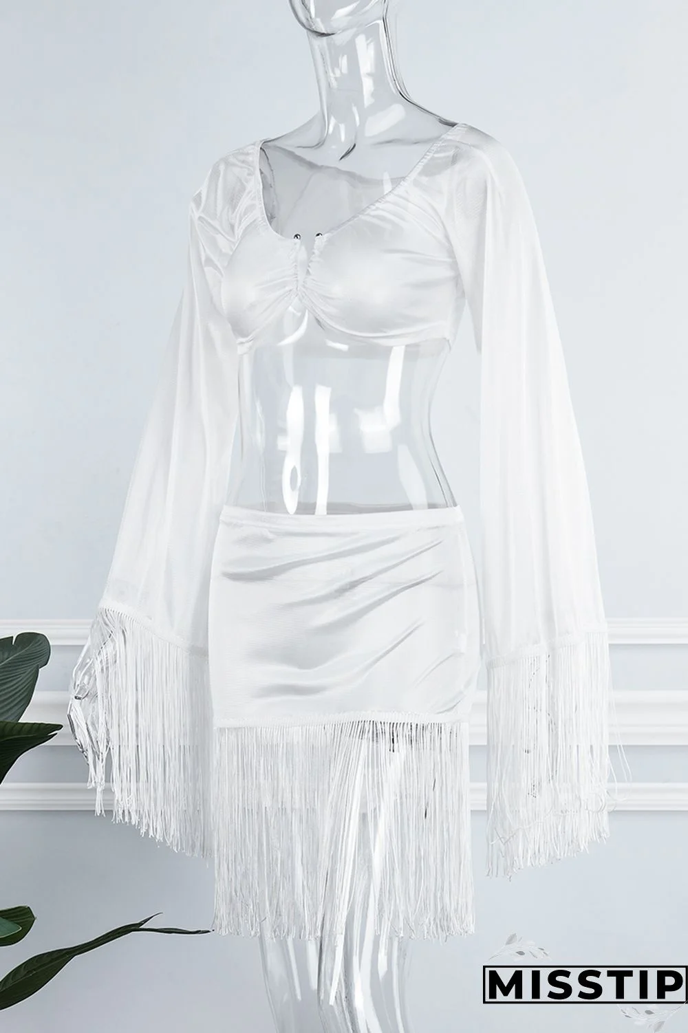 Black Sexy Solid Tassel Patchwork V Neck Long Sleeve Two Pieces