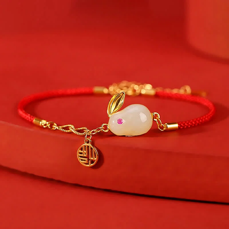 925 Sterling Silver Hetian White Jade Luck Blessing Red String Bracelet