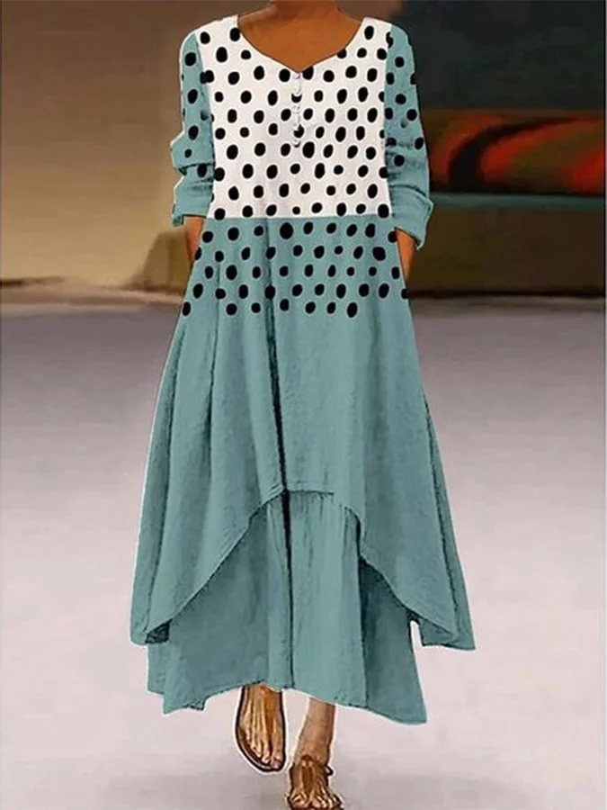 Elegant Casual Double Layer Print Contrast Color Dress