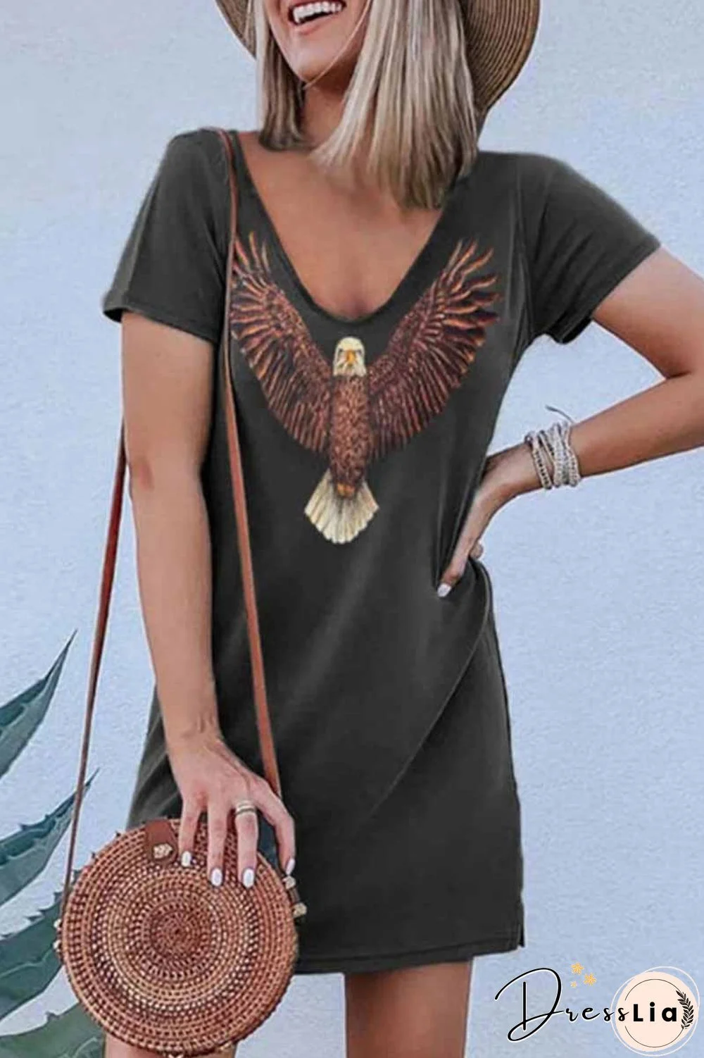 Loose V-Neck Eagle Print Short Sleeves Mini Dress