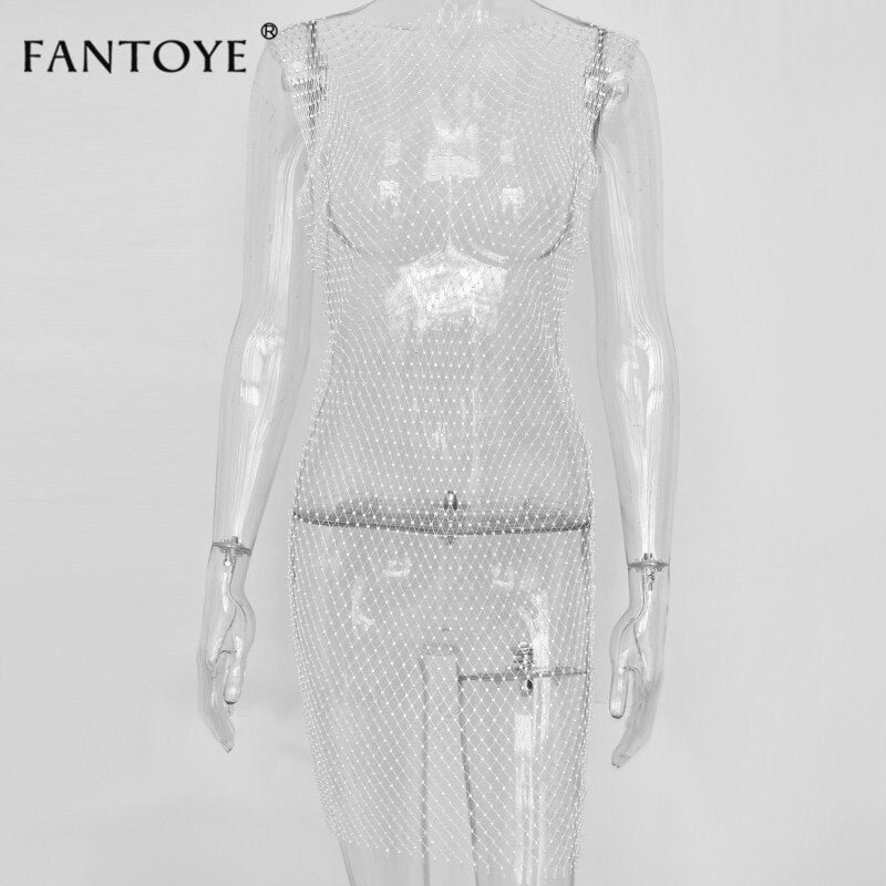 Fantoye Sexy Crystal Diamond Dress Women Hollow Out Rhinestone Bodycon Dress Summer Fishnet Mesh Beach Wear 2022 Party Vestidos
