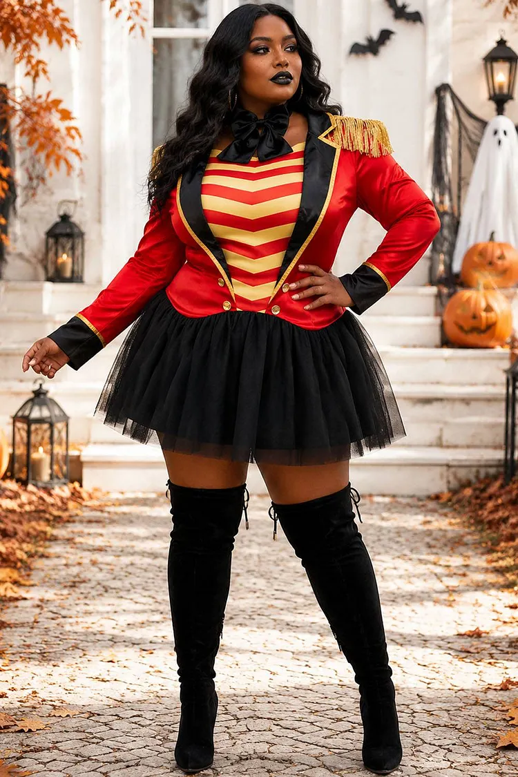 Xpluswear Design Plus Size Halloween Costume Red Mesh Tulle Satin Mini Dress (With Bow Tie)（Ships 24h） 2024 - Xpluswear