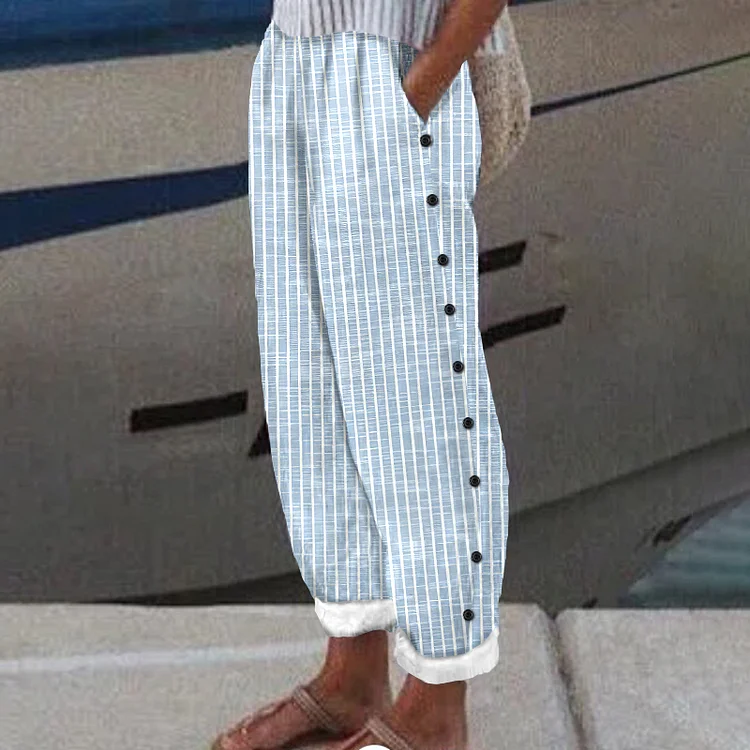 Simpfit Damen Vintage Streifenmuster Nachahmung aus Baumwolle und Leinen Freizeithose