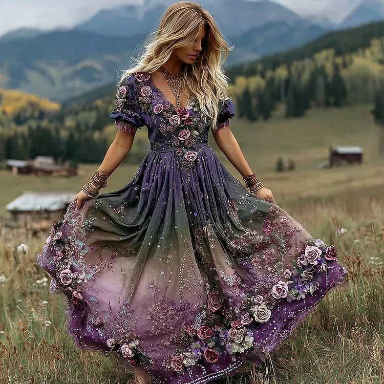 Vintage Gradient Purple Rose Embroidered Linen Maxi Dress