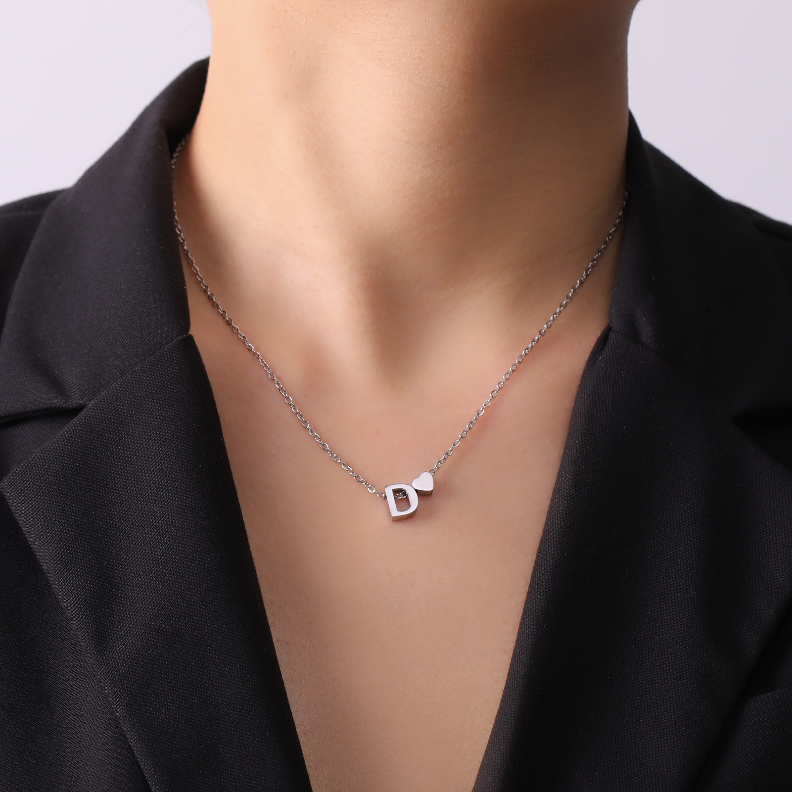 Tegooe Initial Letter Mini Heart Pendant Necklace - Stainless Steel A-Z Choker