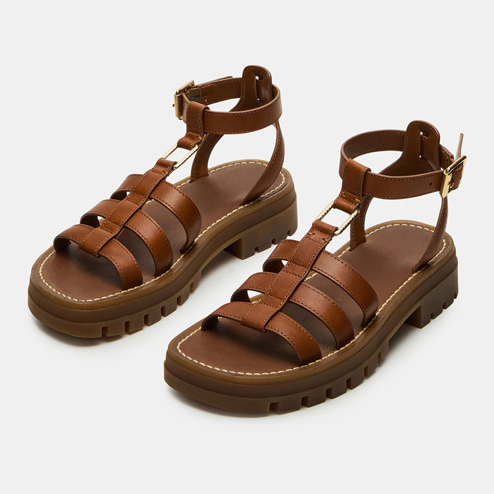 Brown Round Toe Ankle Strap Block Low Heel Sandals with Buckle Nicepairs