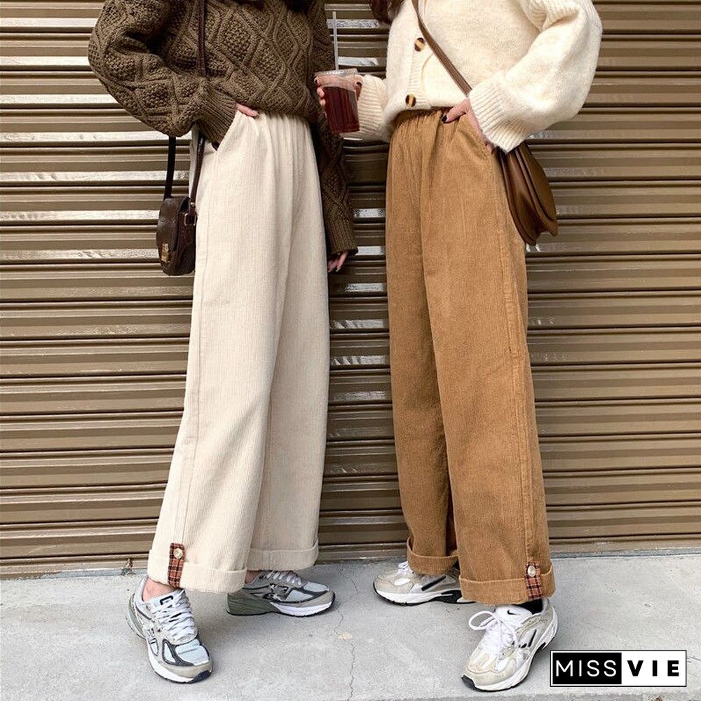 Vintage Baggy Corduroy Pants Women Korean Elastic Waist Straight Trousers Female Wide Leg Solid Pockets Pants Spring Autumn New