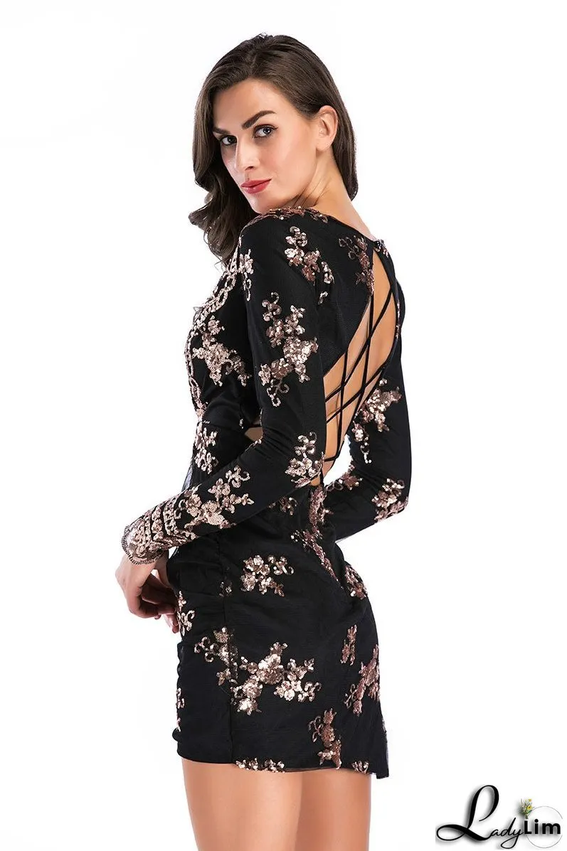 Asymmetrical Hem V-neck Cutout Back Sequined Mini Dress