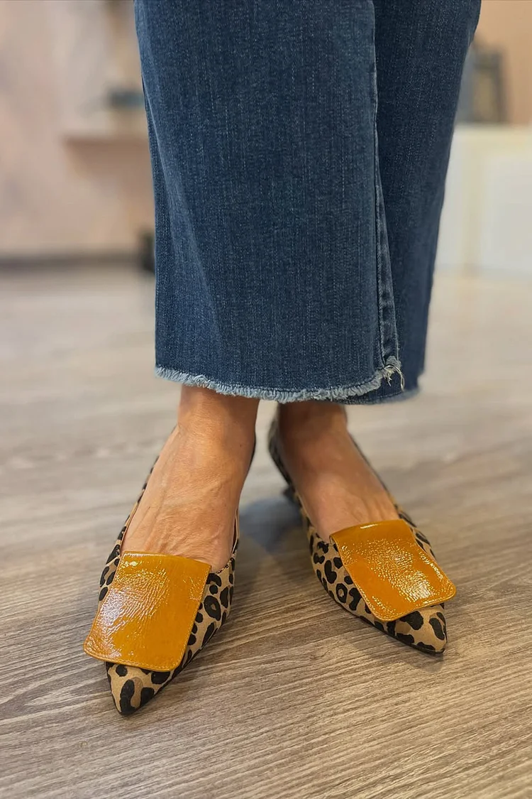 Leopard Print Patchwork Pointed Toe Khaki Low Heels [Pre Order]