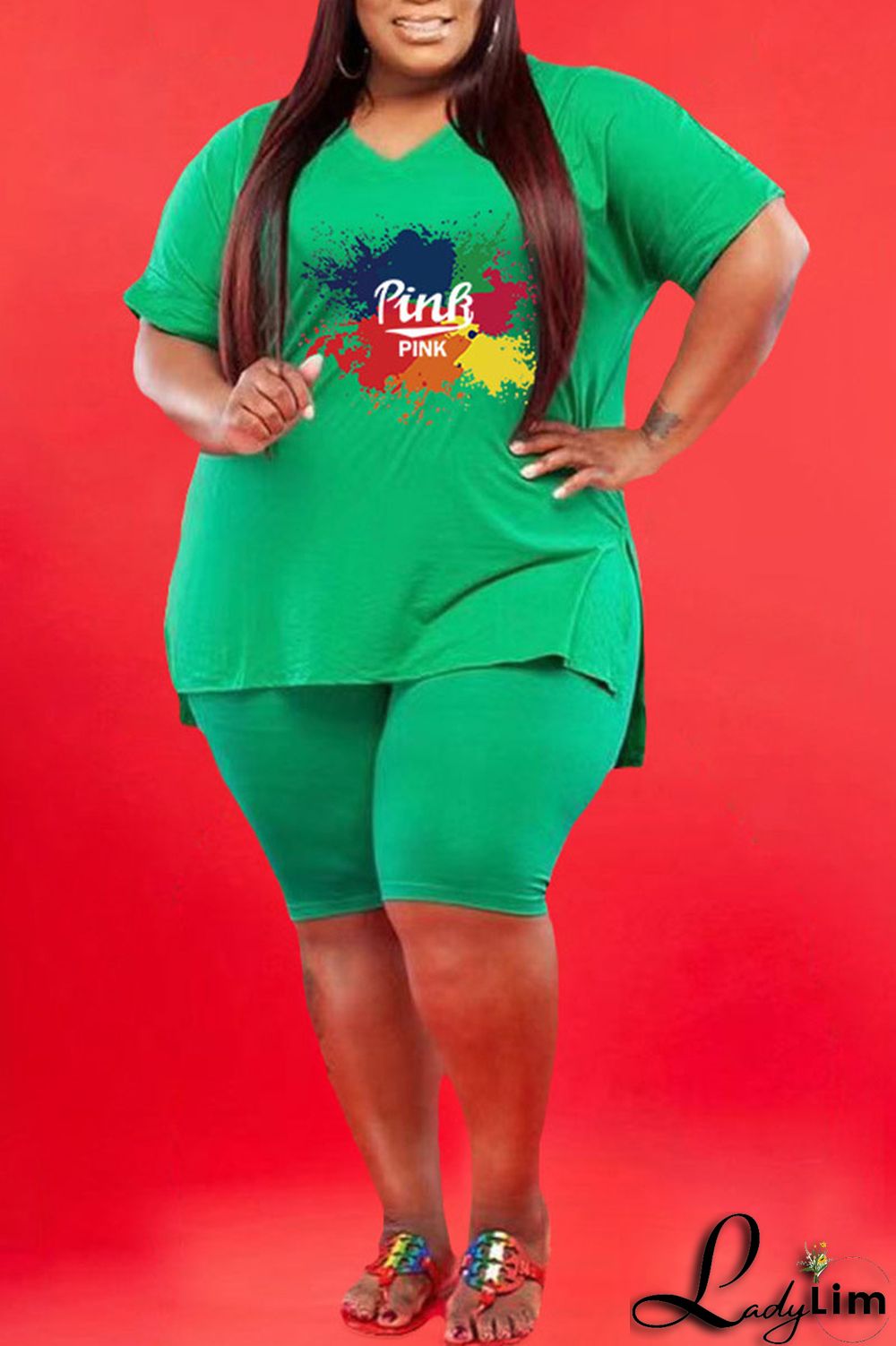 Red Casual Print V Neck Plus Size Two Pieces