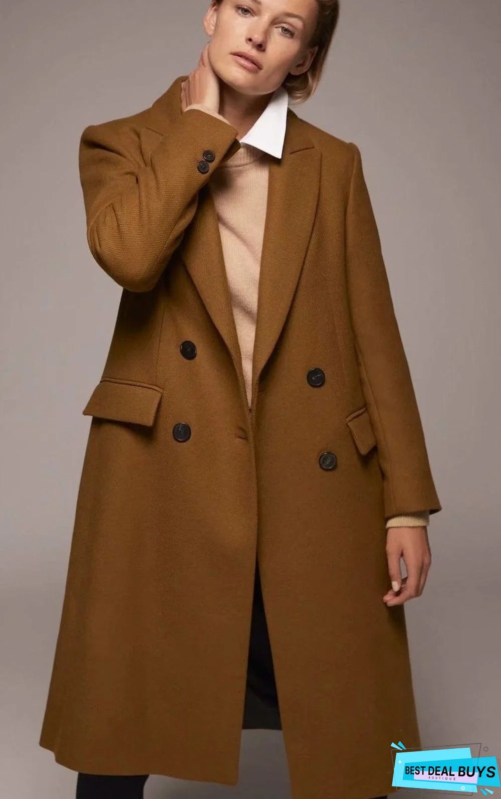 Autumn and Winter Solid Color Slim Long Coat Lapel Coat Women