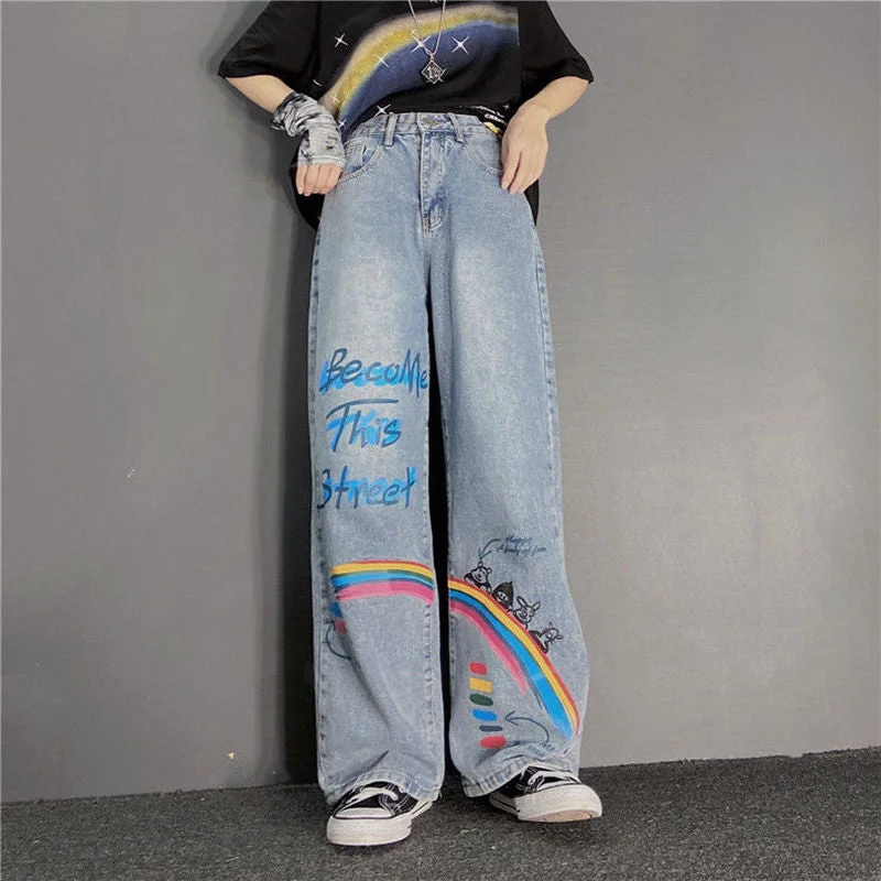 Rainbow graffiti Vintage Jeans Women&#39;s loose couple pants 2022 street style Harajuku punk jeans women&#39;s street high waist jeans