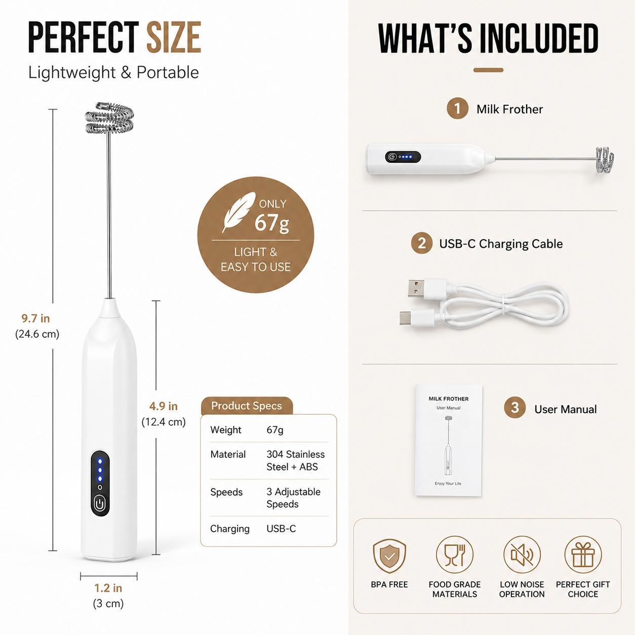 Easy to clean stainless steel milk frother whisk
