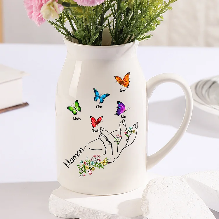 Vase à Fleurs Mains et Papillons 5 Prénoms Personnalisés avec Texte Décoration de la Maison Jessemade FR