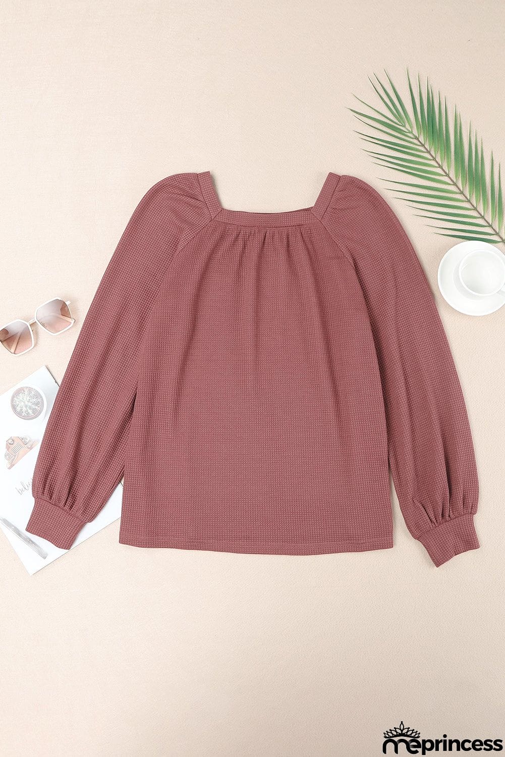 Scoop Neck Puff Sleeve Waffle Knit Top