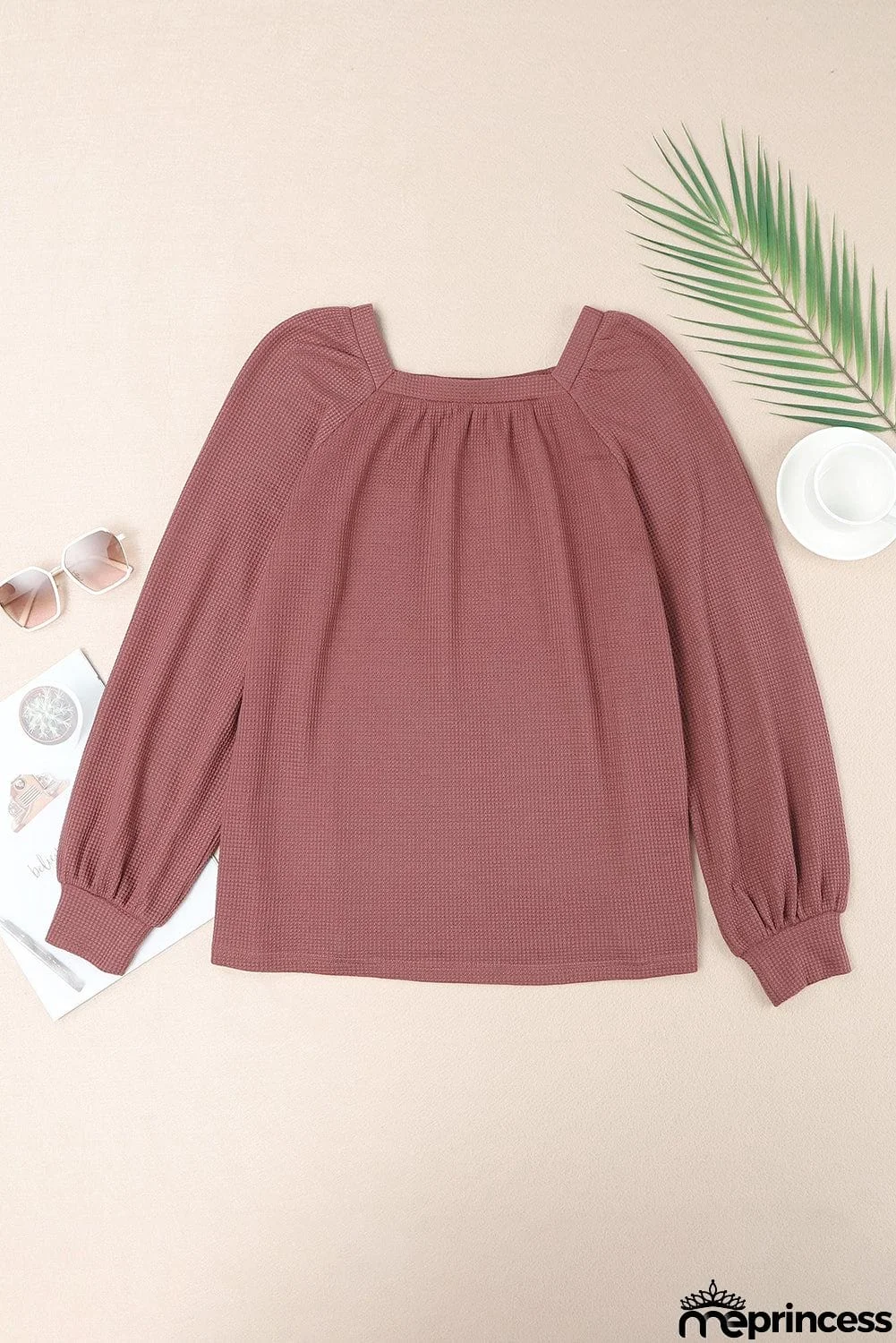 Scoop Neck Puff Sleeve Waffle Knit Top