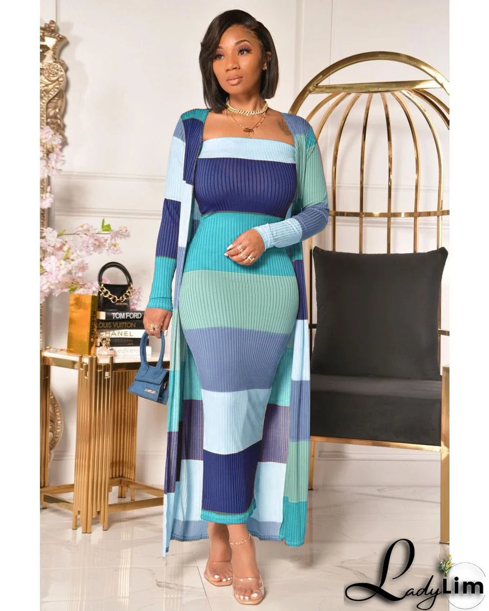 Plus Size Women Ribbed Print Colorblock Dress + Long Coat