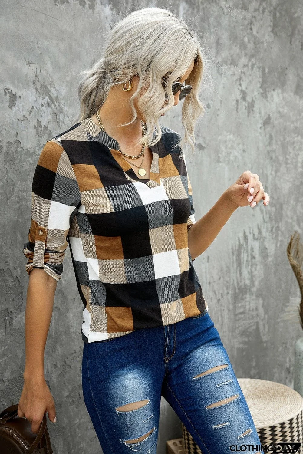 Contrast Plaid V Neck Long Sleeve Top