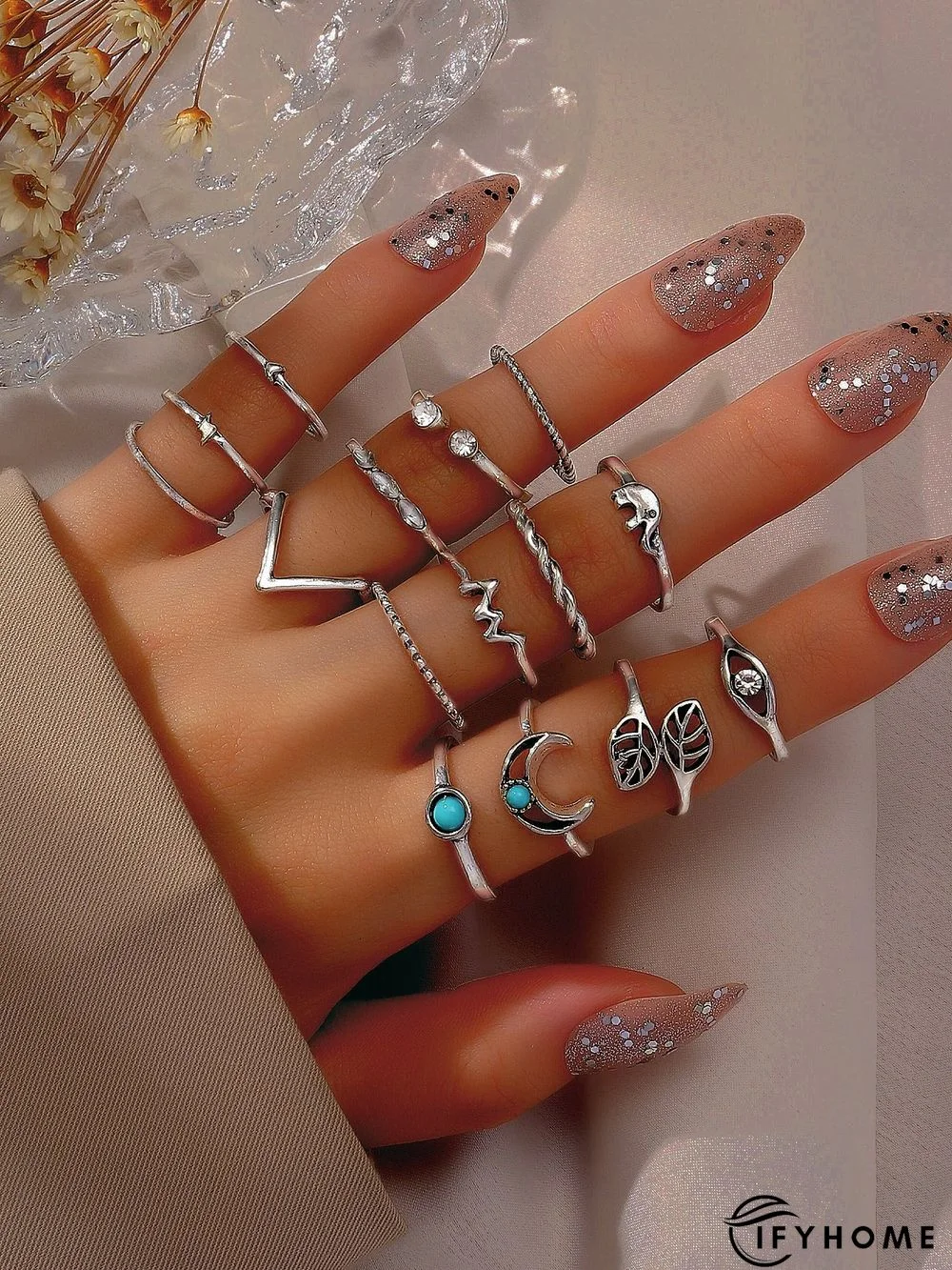 15Pc Bohemian Holiday Style Inlaid Turquoise Multilayer Ring Ethnic Style Vintage Beach Jewelry | IFYHOME
