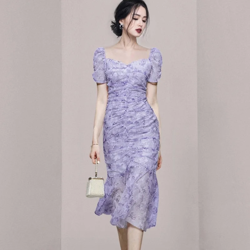 Elegant Temperament Romantic Purple Flowers Party Dress 2022 Women Square Collar Puff Sleeve Slim Ruched Ruffle Fishtail Dress